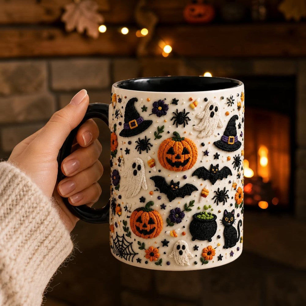 Faux Embroidery Halloween Mug Cute 3D Look Spooky Coffee Cup