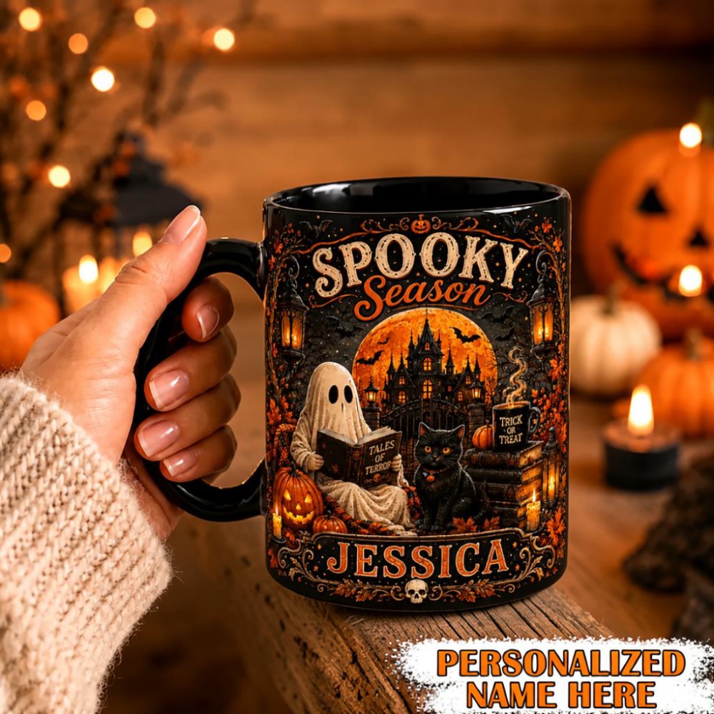 Personalized Spooky Season Mug Vintage Ghost & Black Cat Cup
