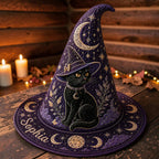 Personalized Purple Witch Hat with Black Cat and Moon