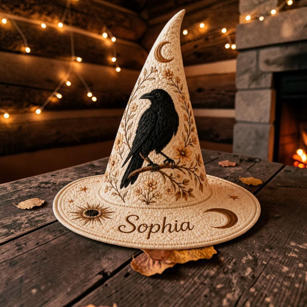 Personalized Cream Witch Hat with Crow and Gold Flowers