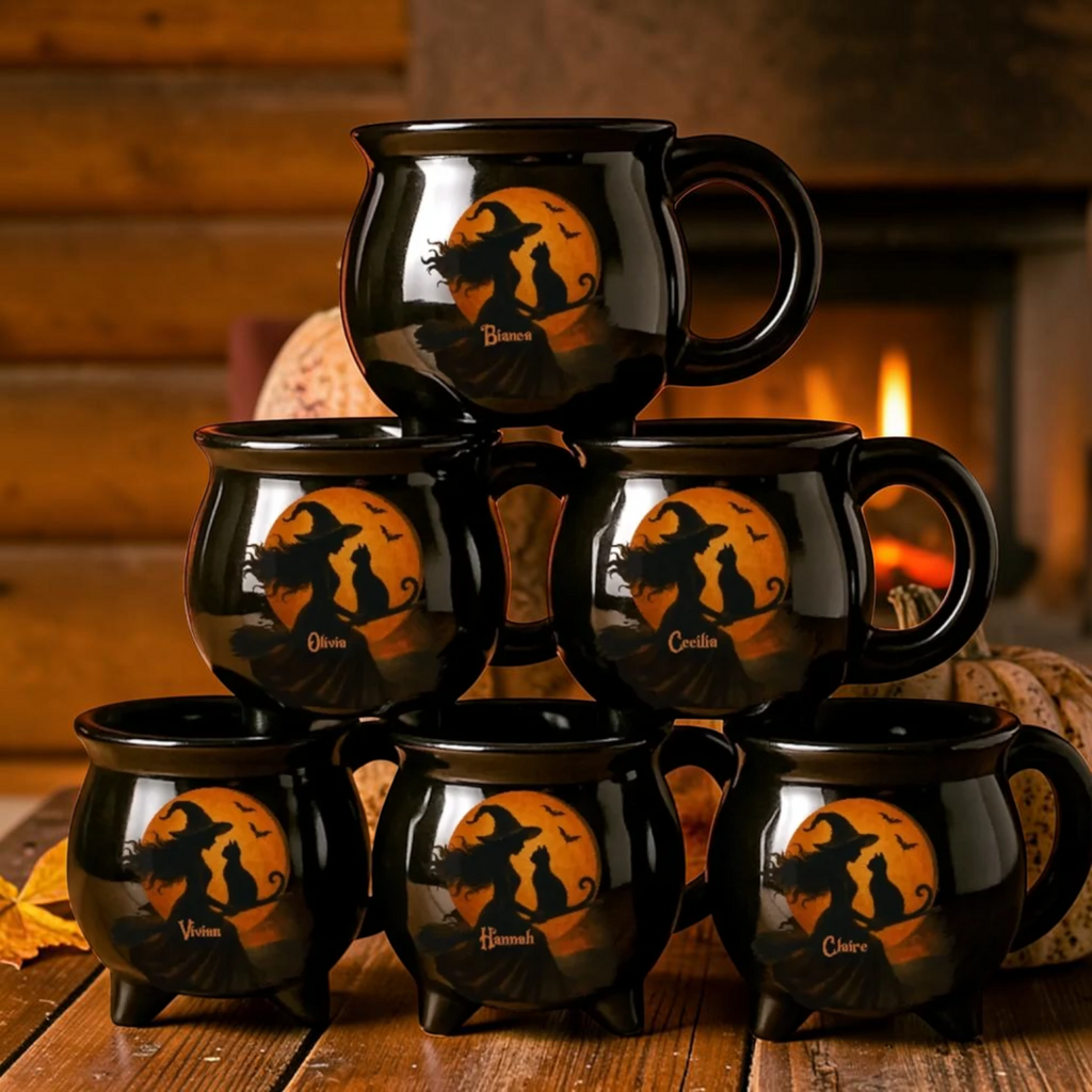 Personalized Witch Broomstick Mug Black Cauldron Halloween Gift