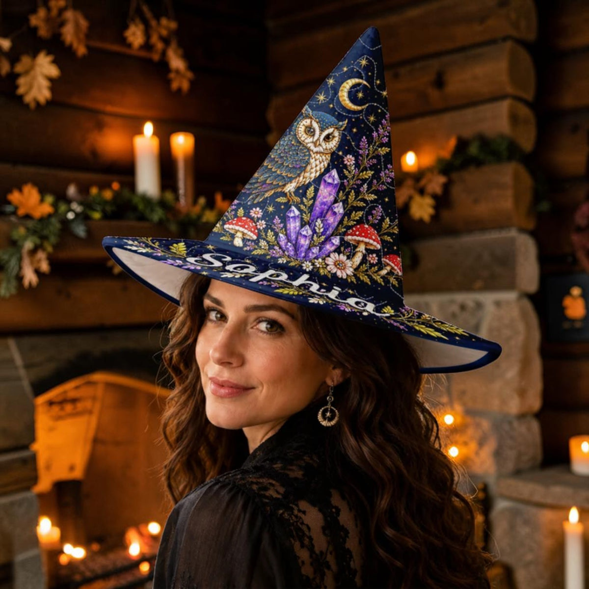 Personalized Celestial Owl and Crystal Navy Blue Witch Hat