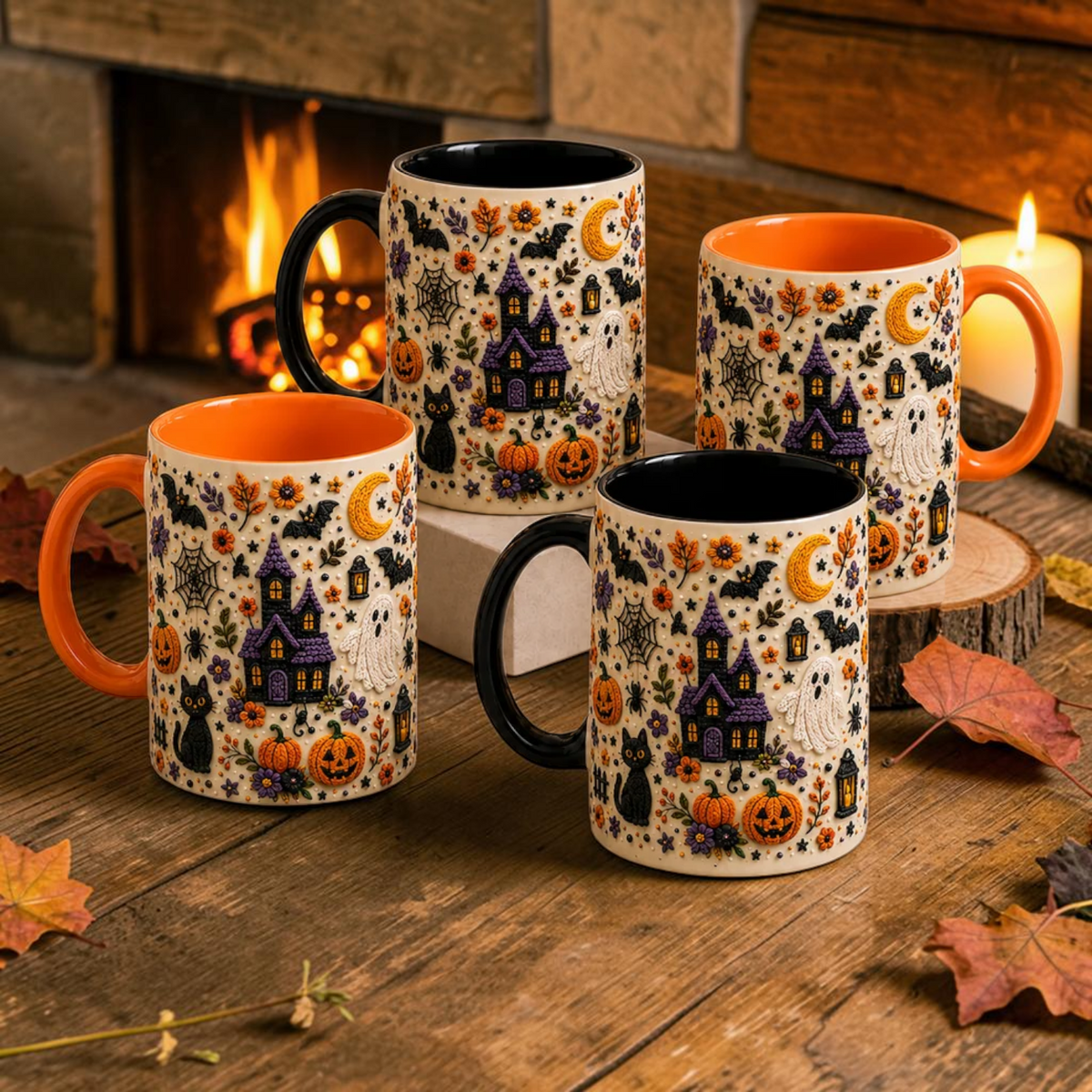 Faux Embroidery Haunted House Mug Cute Crochet Look Halloween Cup