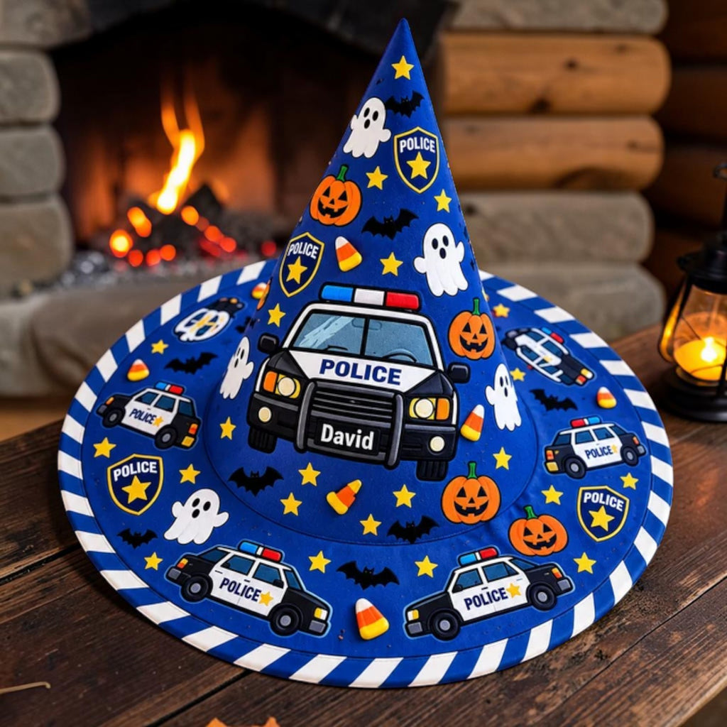Personalized Blue Police Car and Ghost Kids Witch Hat