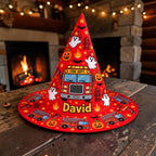 Personalized Red Fire Truck and Ghost Kids Witch Hat