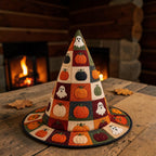 Cozy Knitted Pumpkin and Ghost Patchwork Style Witch Hat