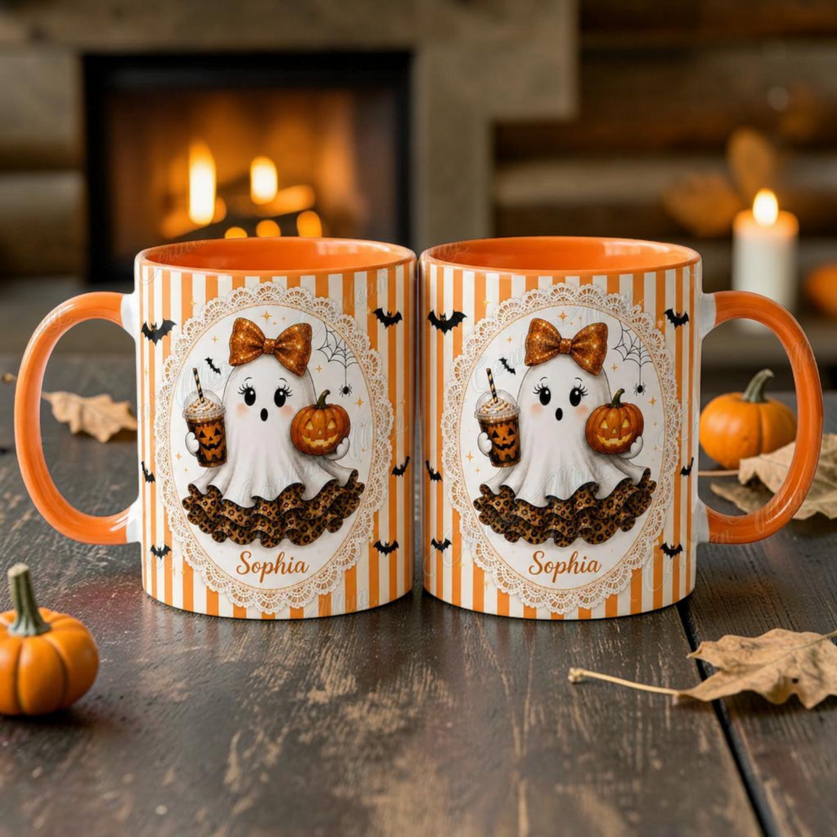 Personalized Coquette Ghost Mug Cute Leopard Print Halloween Cup