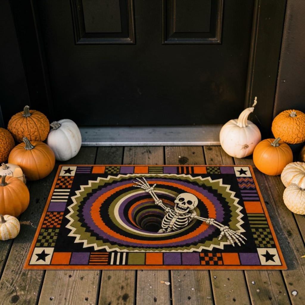 Trippy 3D Skeleton Falling Into Colorful Vortex Doormat