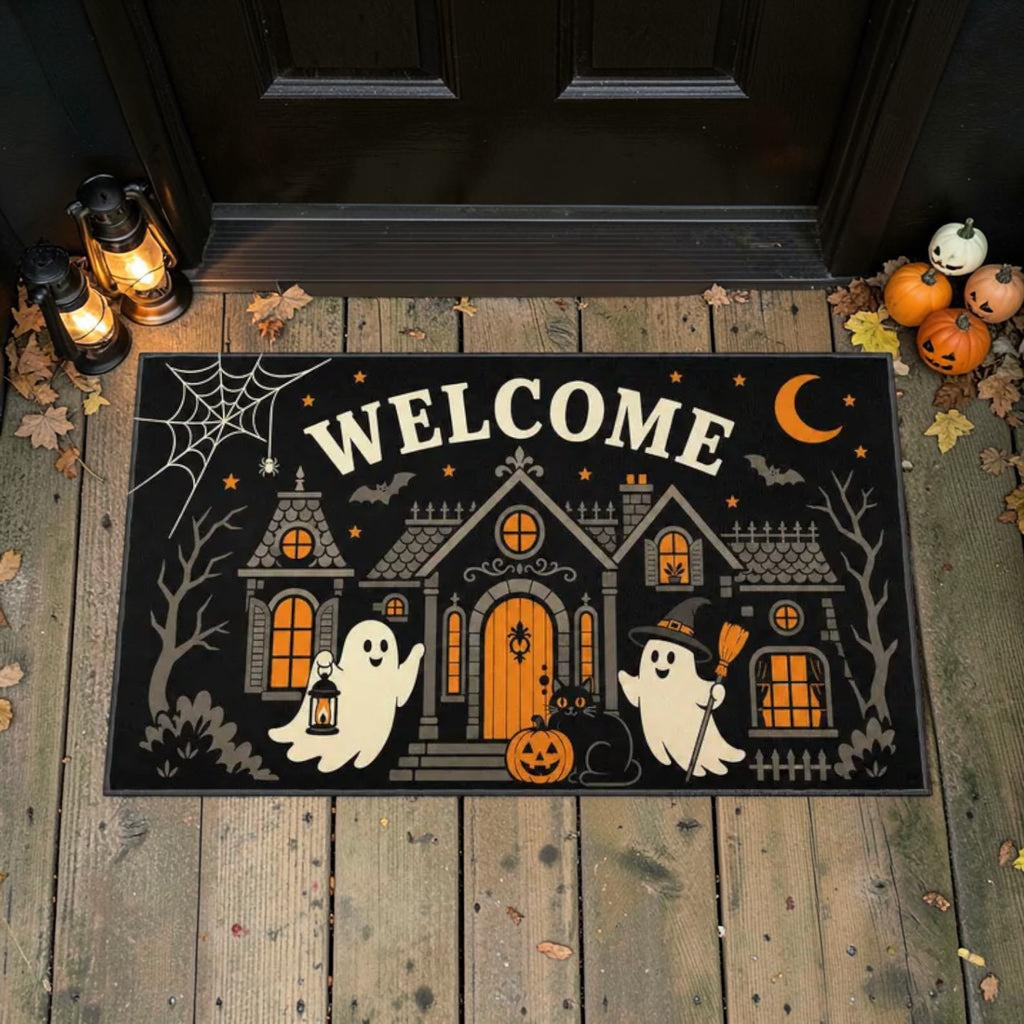 Cute Haunted House Ghosts Black Cat Welcome Doormat