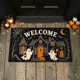 Cute Haunted House Ghosts Black Cat Welcome Doormat