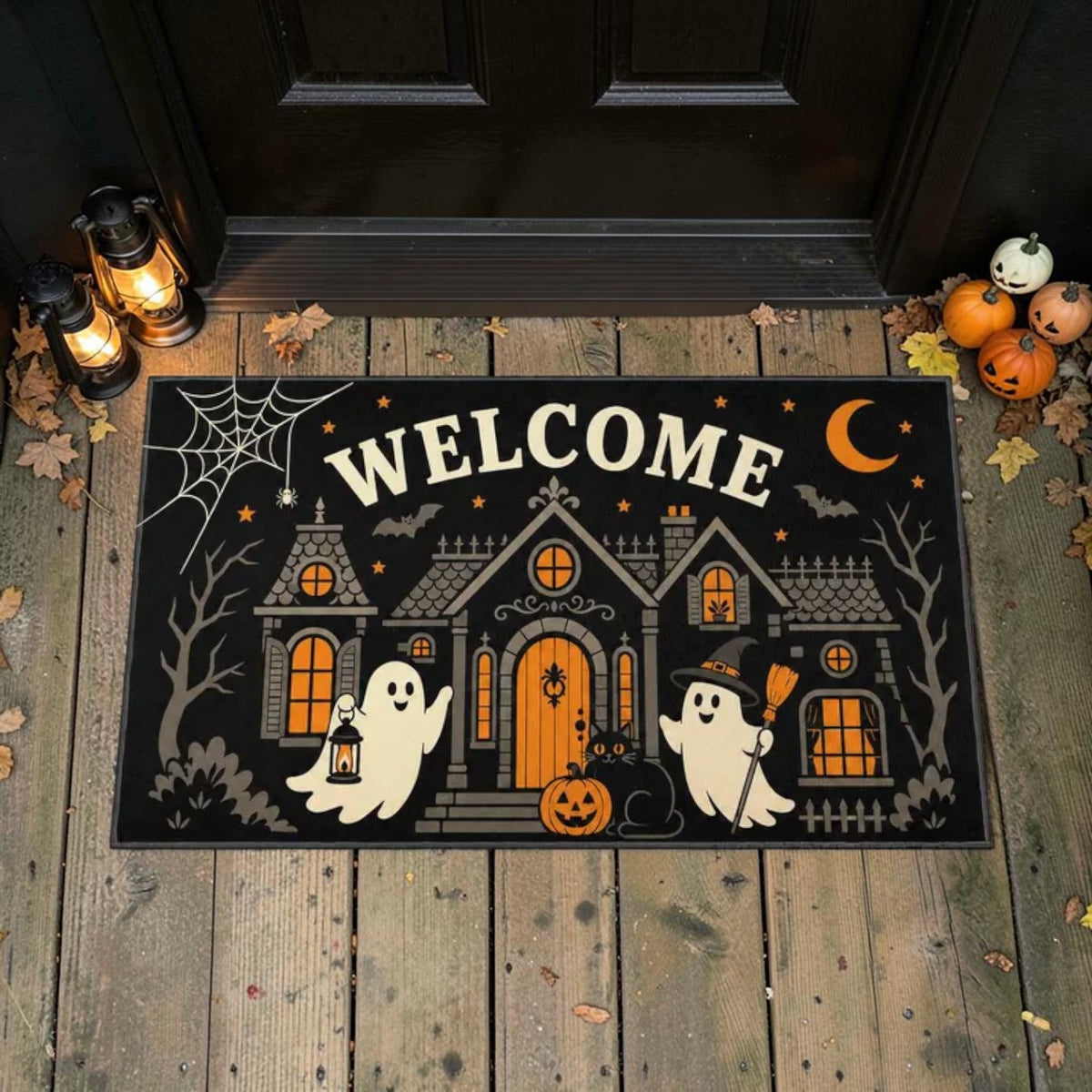 Cute Haunted House Ghosts Black Cat Welcome Doormat