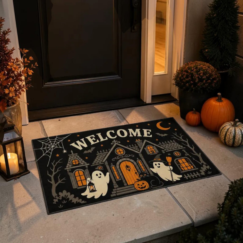 Cute Haunted House Ghosts Black Cat Welcome Doormat