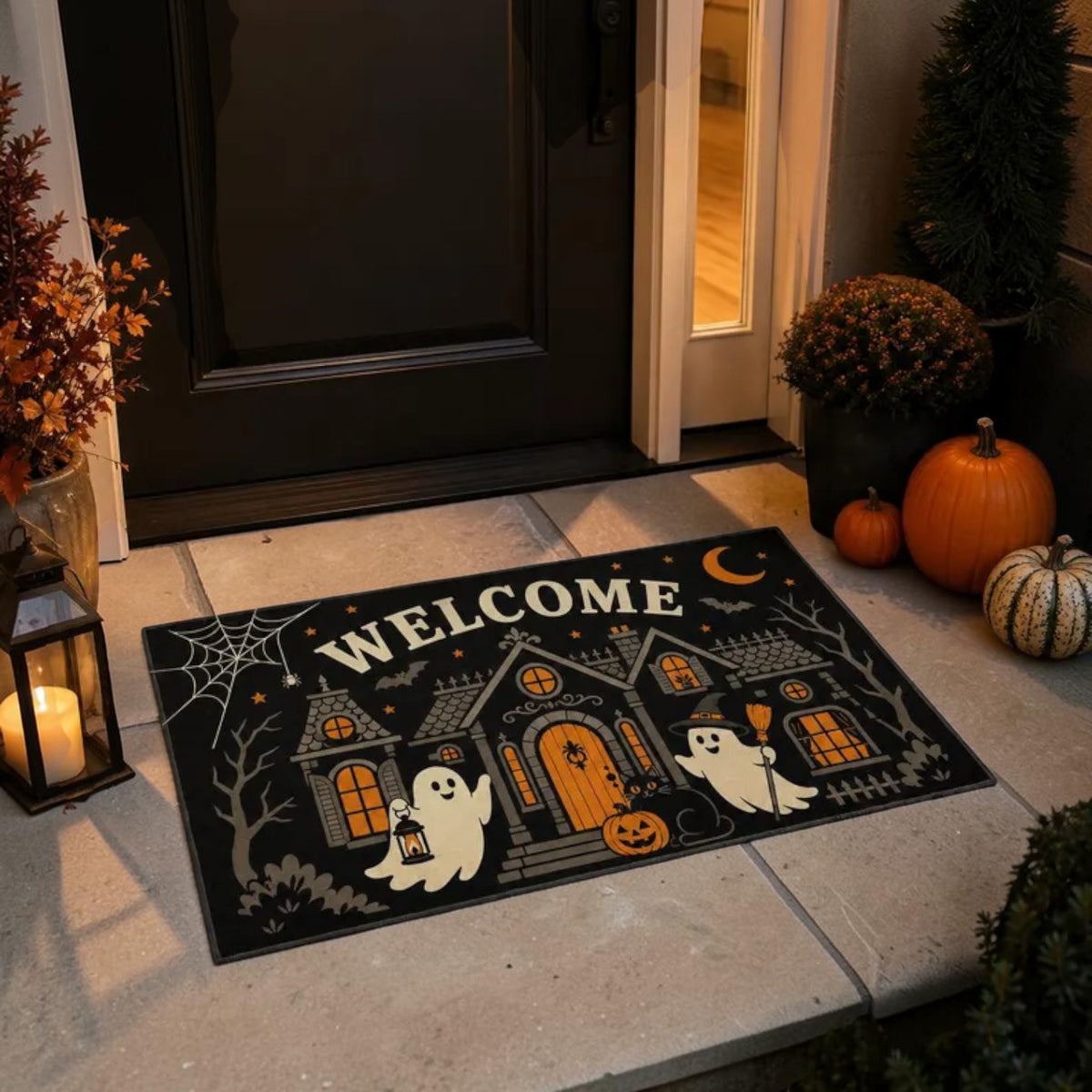 Cute Haunted House Ghosts Black Cat Welcome Doormat