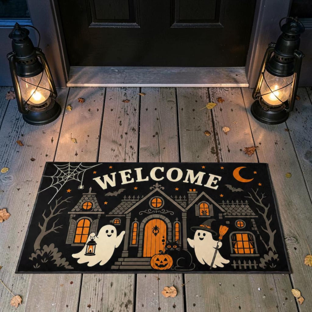 Cute Haunted House Ghosts Black Cat Welcome Doormat