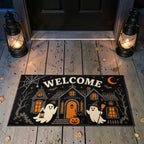 Cute Haunted House Ghosts Black Cat Welcome Doormat