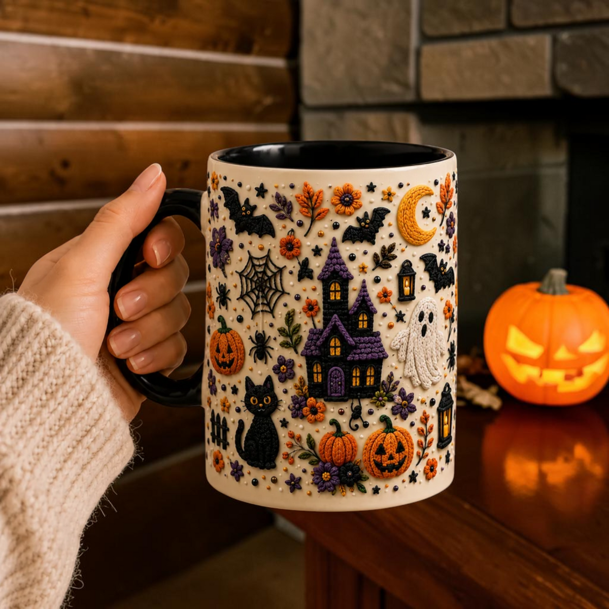 Faux Embroidery Haunted House Mug Cute Crochet Look Halloween Cup