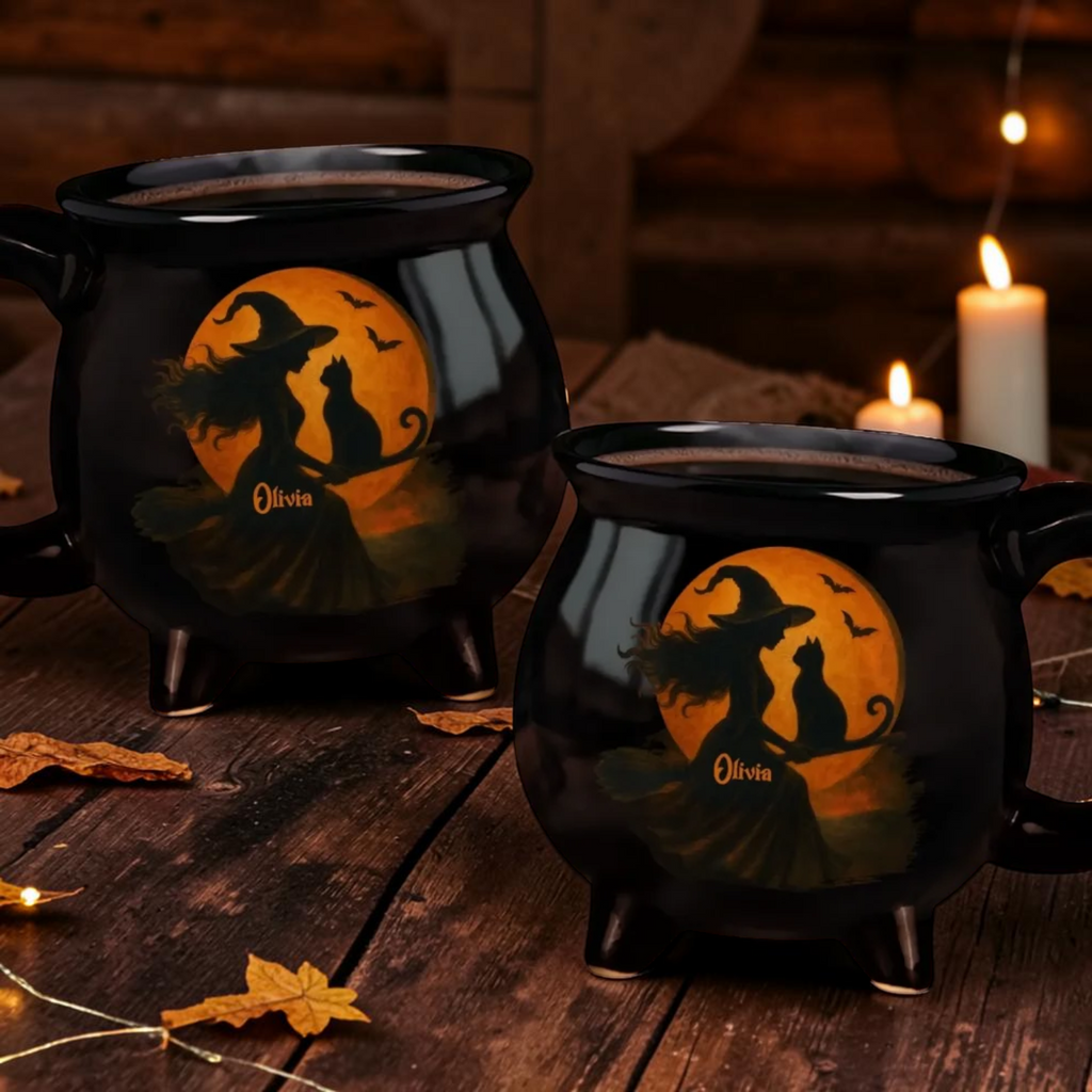 Personalized Witch Broomstick Mug Black Cauldron Halloween Gift