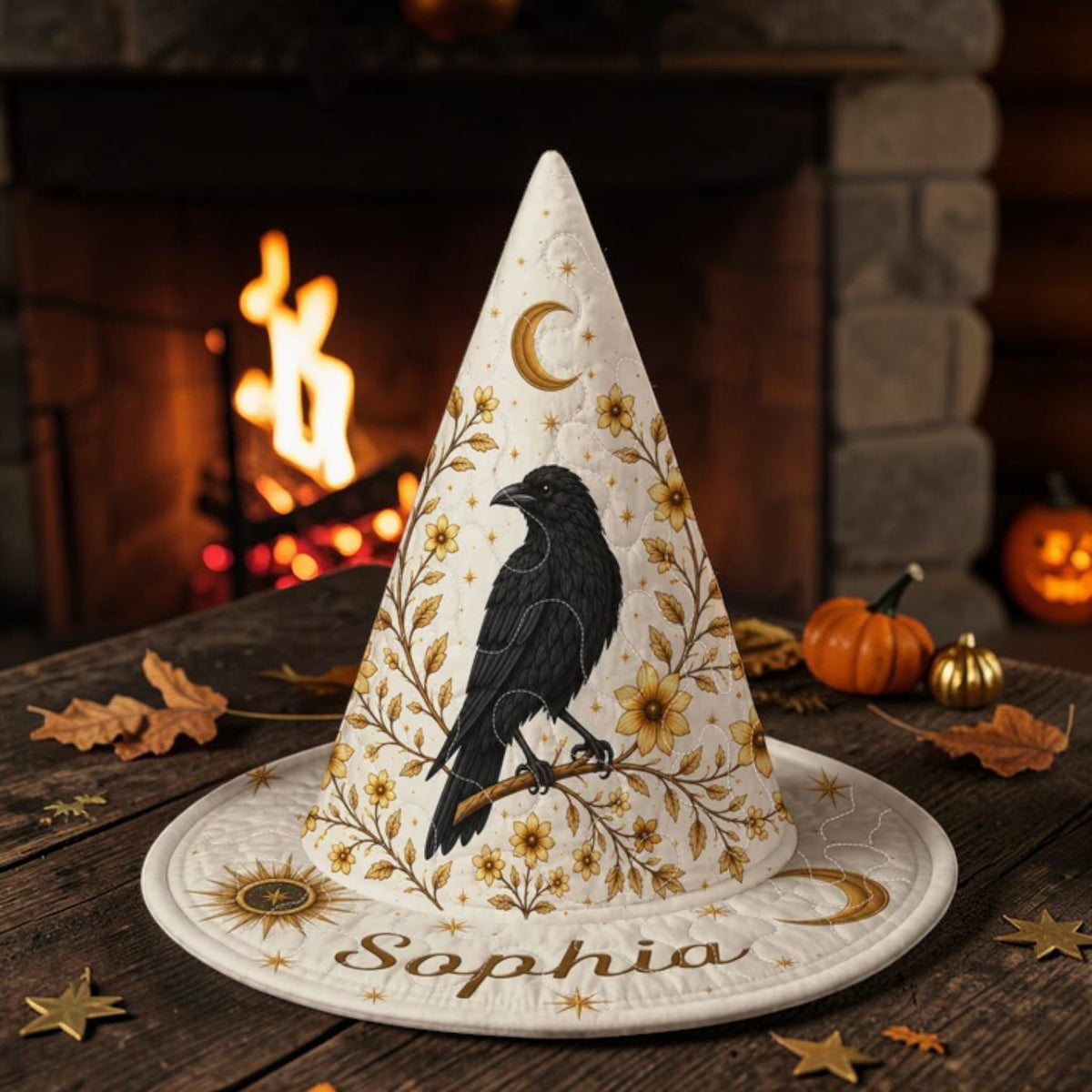 Personalized Cream Witch Hat with Crow and Gold Flowers