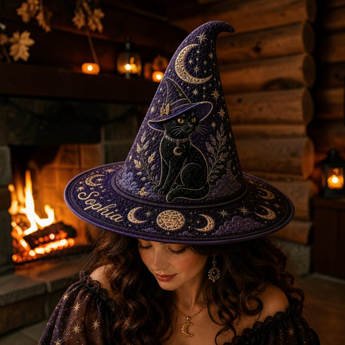 Personalized Purple Witch Hat with Black Cat and Moon