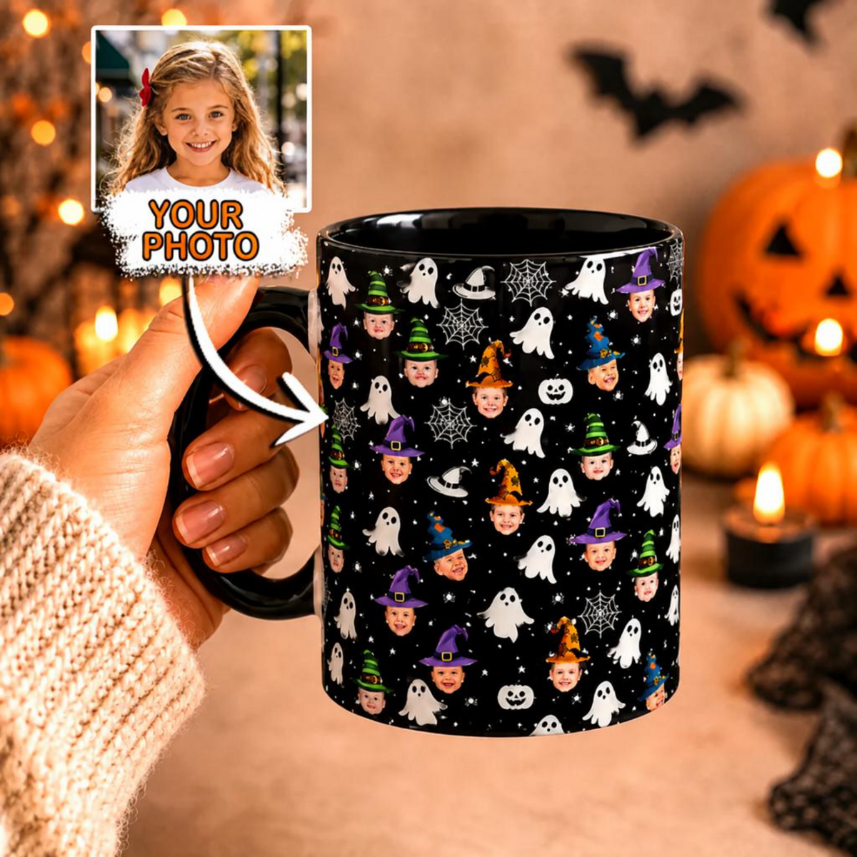 Custom Face Halloween Mug Personalized Witch Hat & Ghost Cup