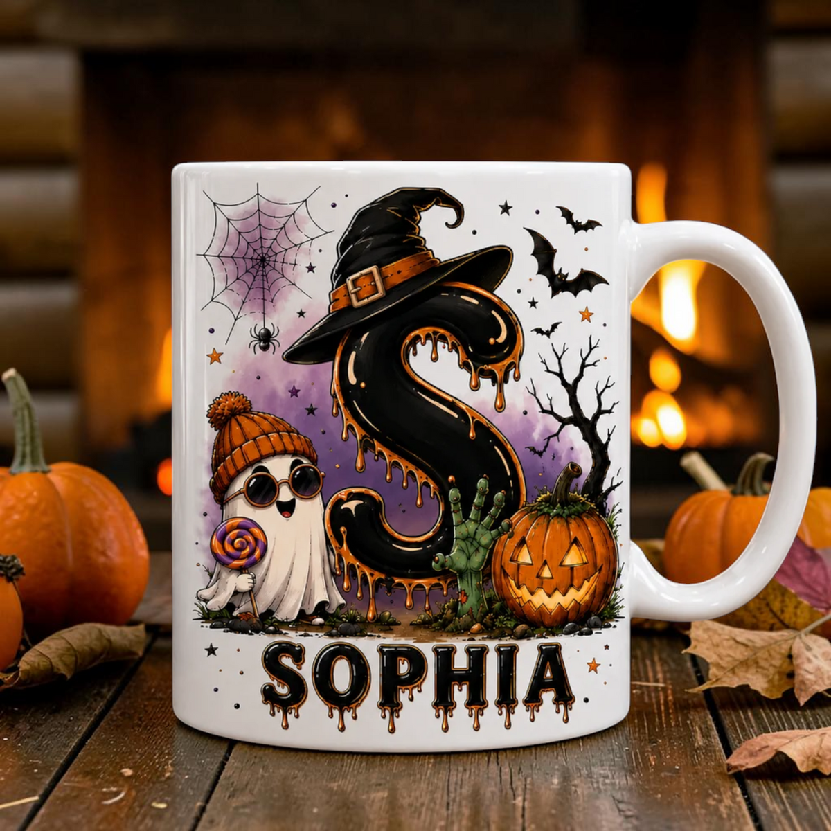 Personalized Initial Halloween Mug Cute Ghost & Witch Hat Cup