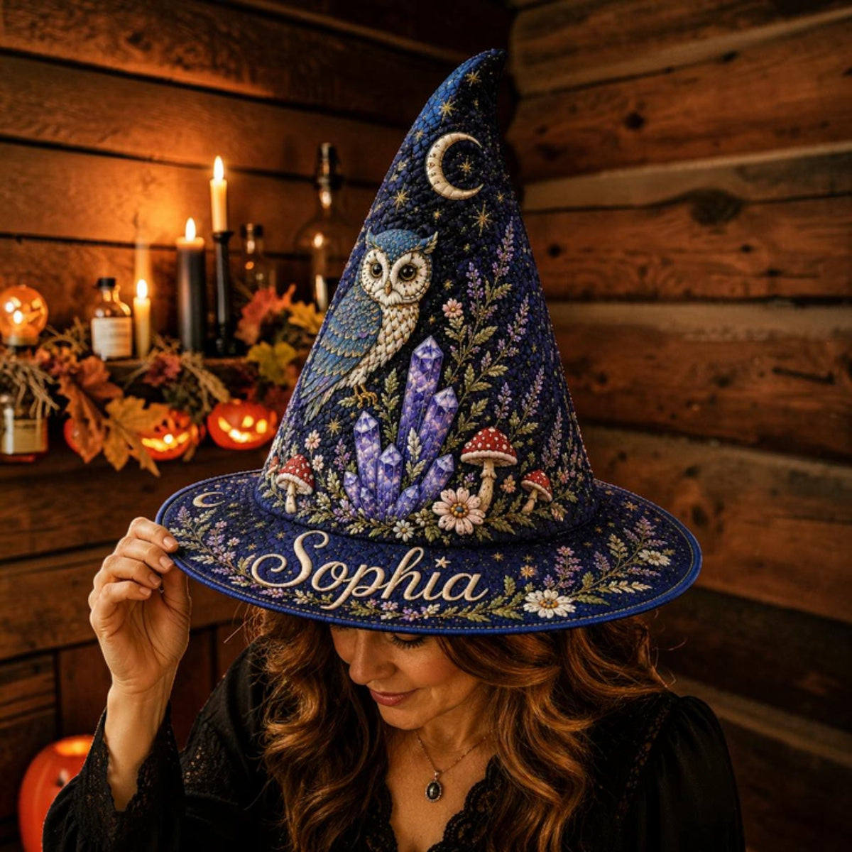Personalized Celestial Owl and Crystal Navy Blue Witch Hat