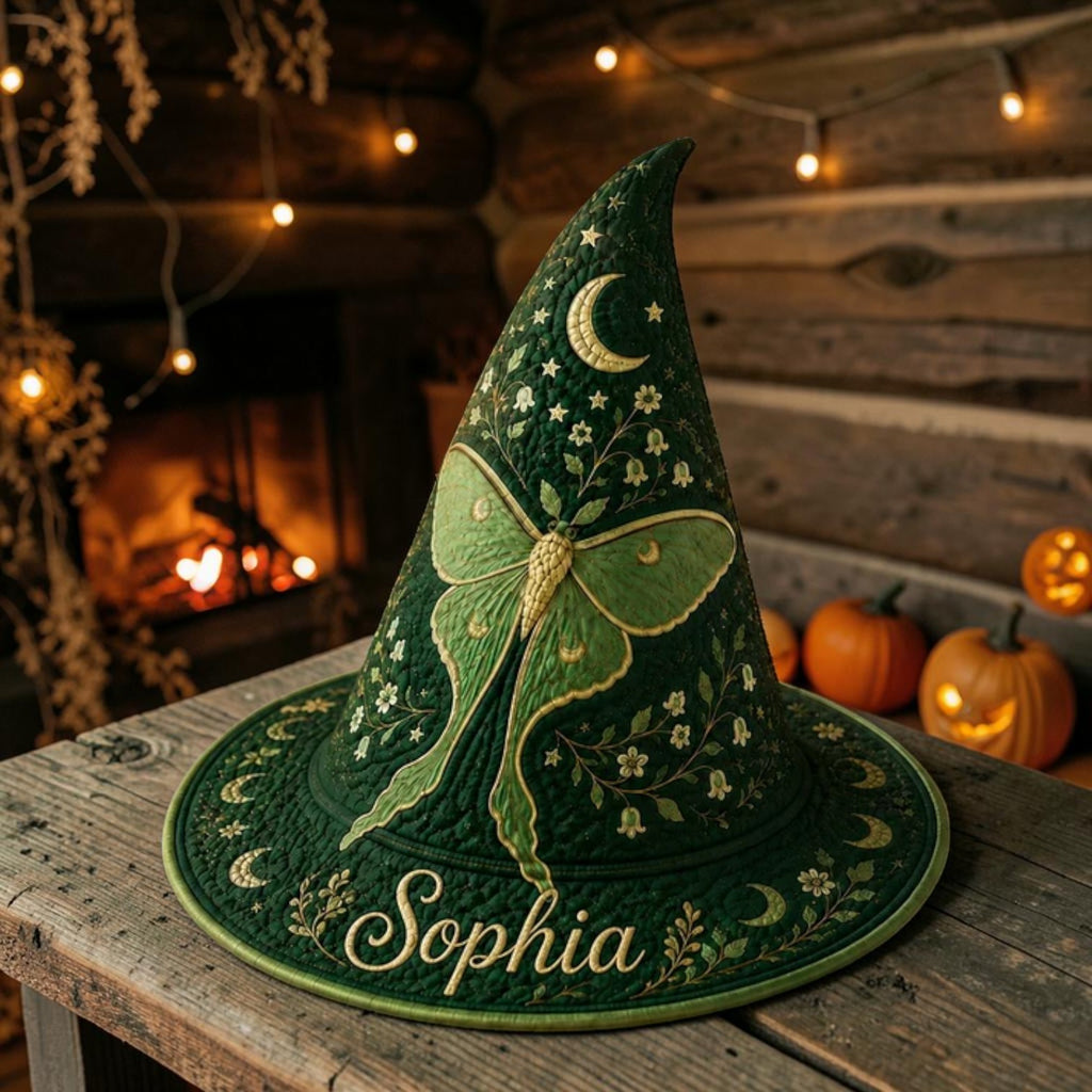 Personalized Green Witch Hat with Enchanted Luna Moth Design