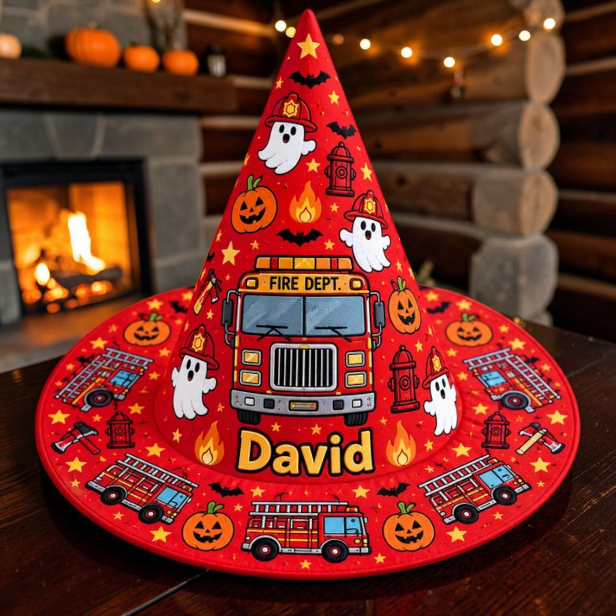 Personalized Red Fire Truck and Ghost Kids Witch Hat
