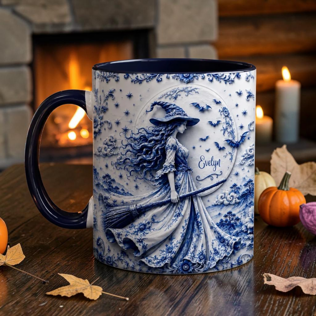 Personalized Blue Toile Witch Mug Vintage 3D Look Halloween Cup