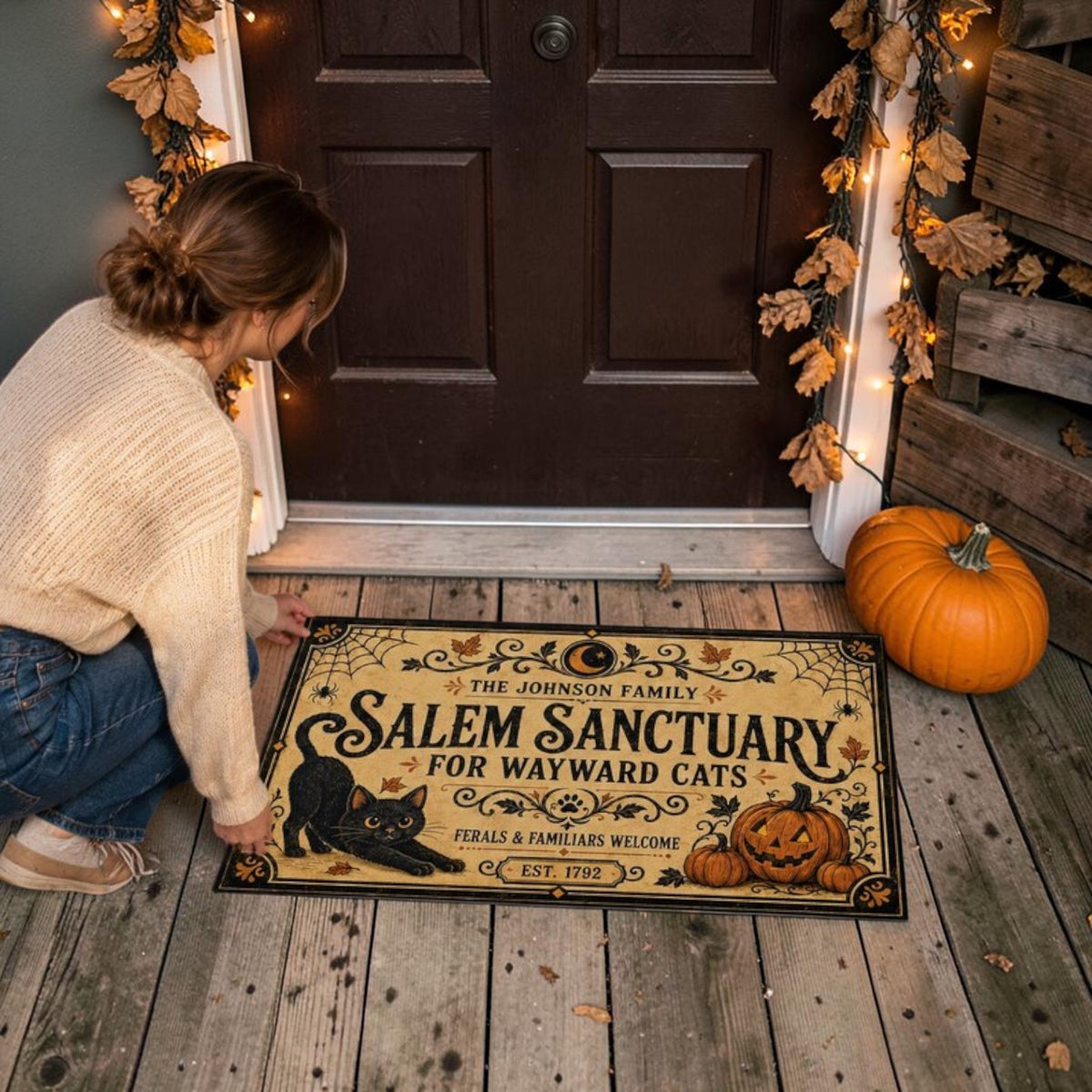 Personalized Vintage Salem Sanctuary Black Cat Halloween Doormat