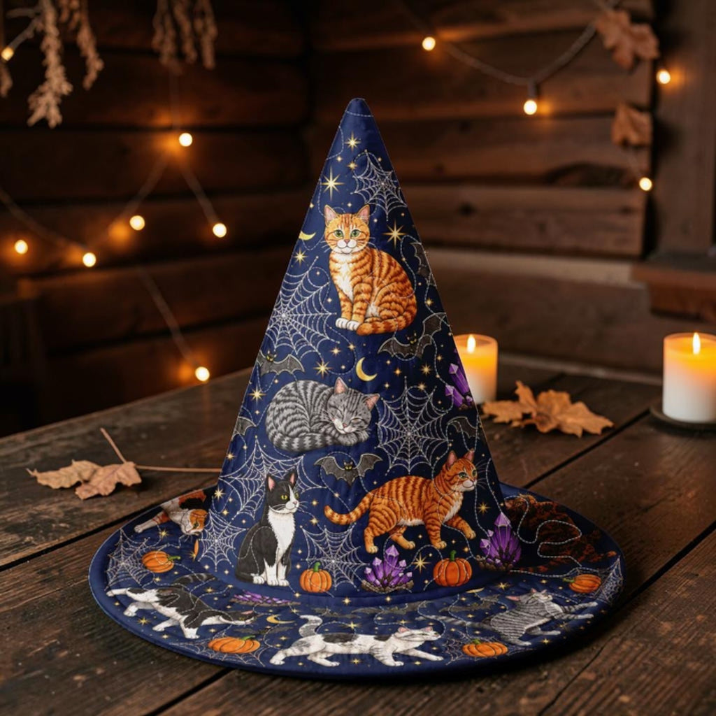 Magical Cats and Spiderwebs Quilted Navy Witch Hat