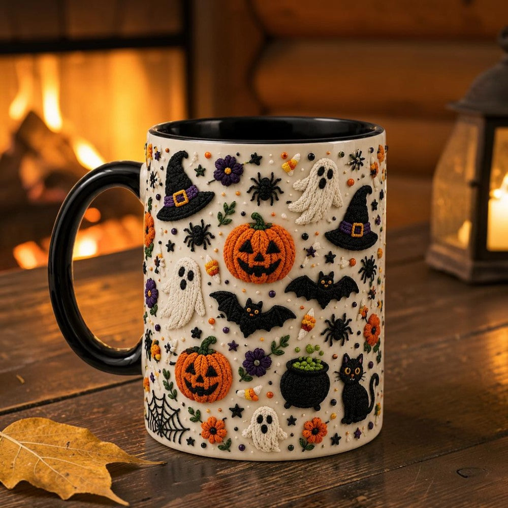 Faux Embroidery Halloween Mug Cute 3D Look Spooky Coffee Cup