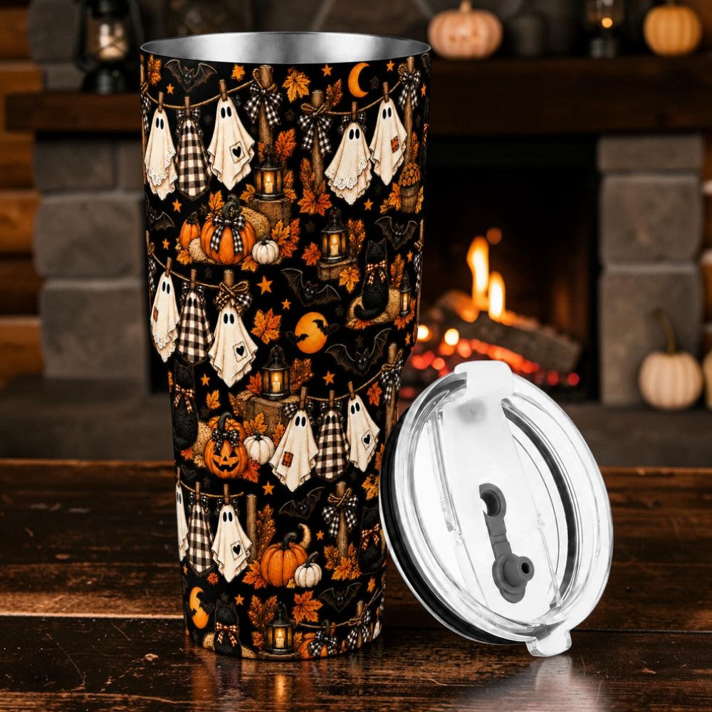 Cute Clothesline Ghosts Coffee Cup Cozy Fall Pattern Drinkware