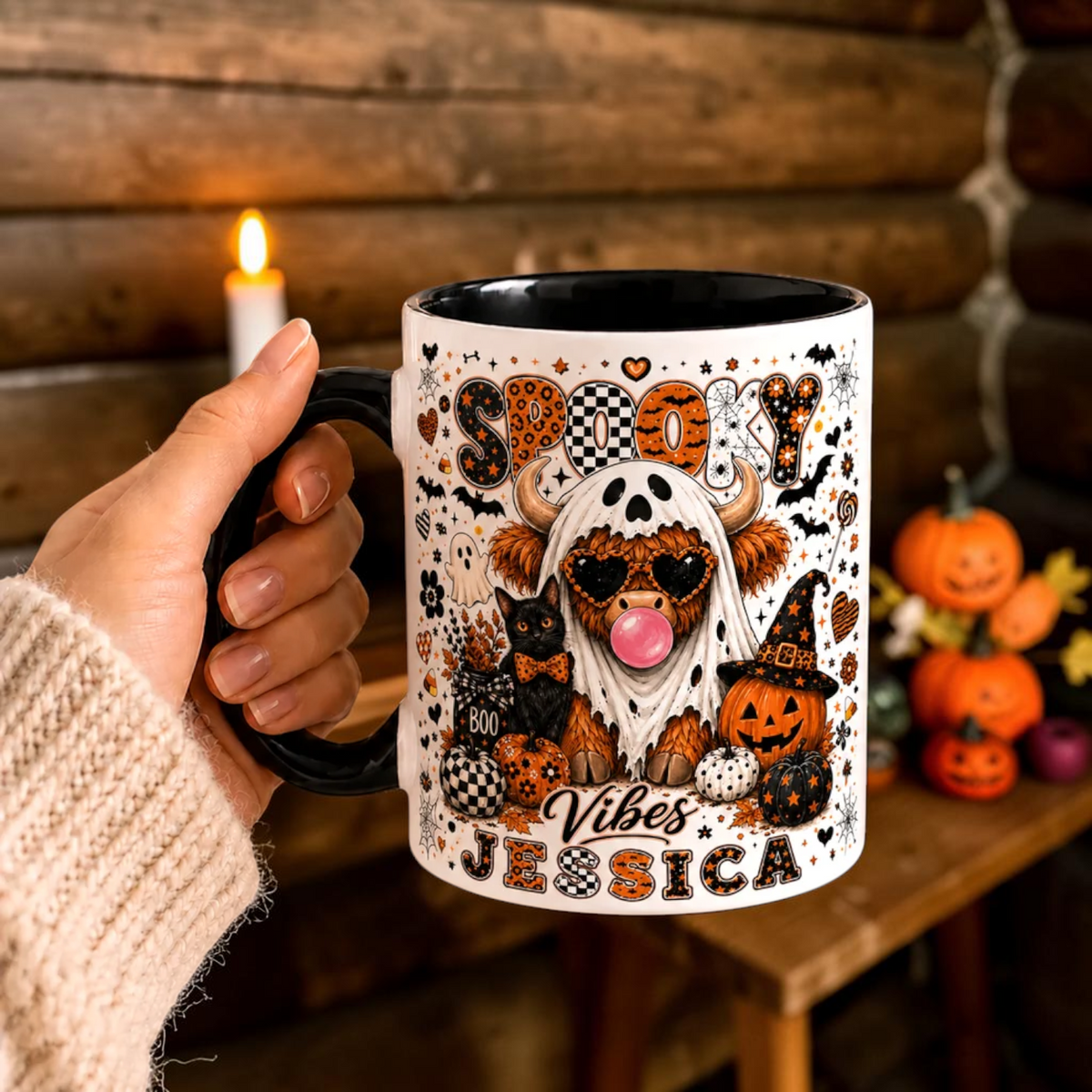 Personalized Spooky Vibes Highland Cow Mug Cute Ghost Cup