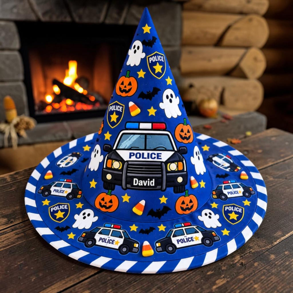 Personalized Blue Police Car and Ghost Kids Witch Hat