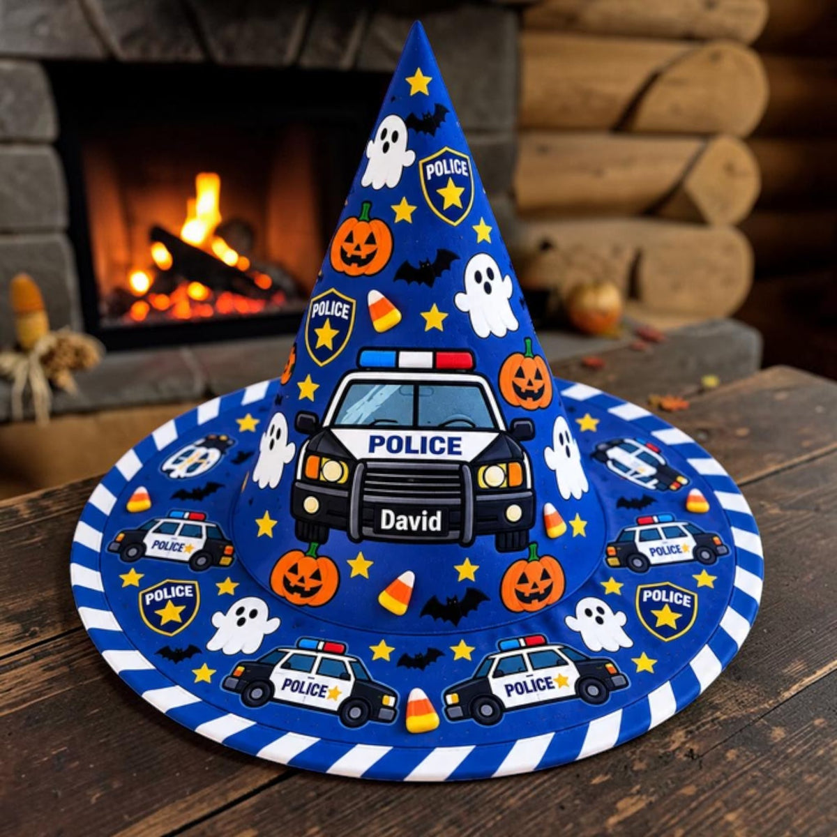 Personalized Blue Police Car and Ghost Kids Witch Hat