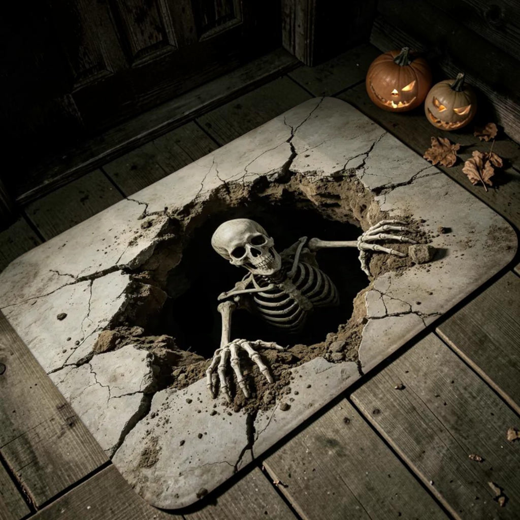 Creepy 3D Skeleton Breaking Through Cracked Concrete Hole Doormat