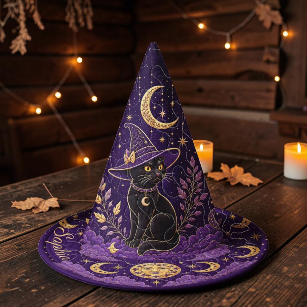 Personalized Purple Witch Hat with Black Cat and Moon