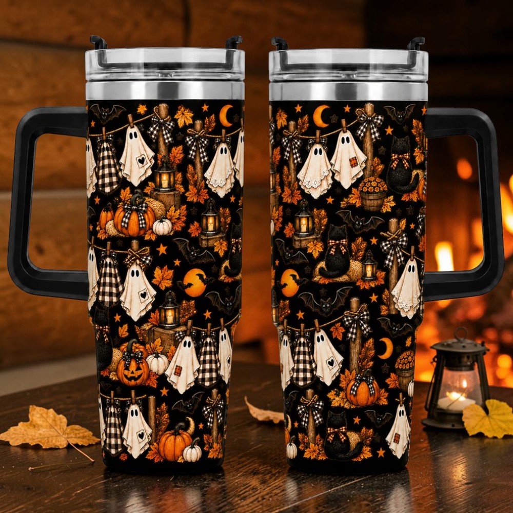 Cute Clothesline Ghosts Coffee Cup Cozy Fall Pattern Drinkware