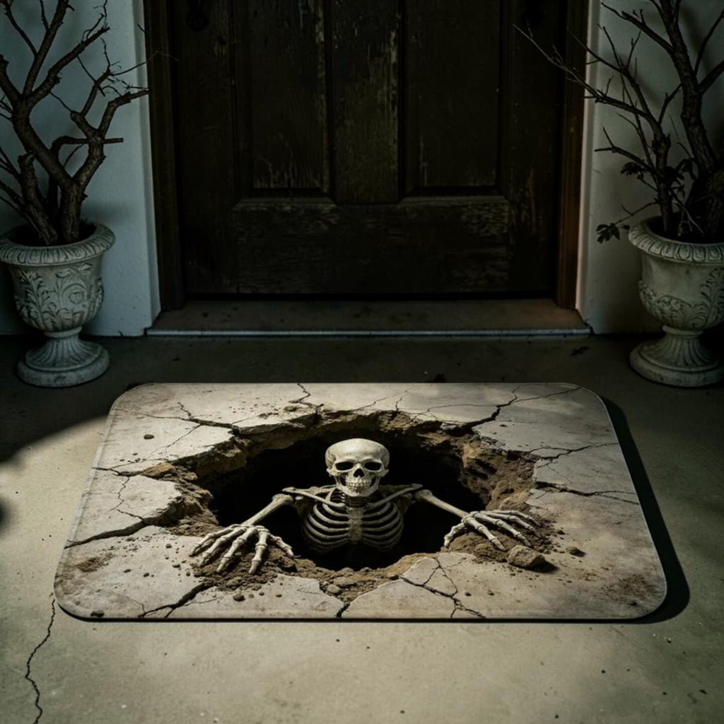 Creepy 3D Skeleton Breaking Through Cracked Concrete Hole Doormat