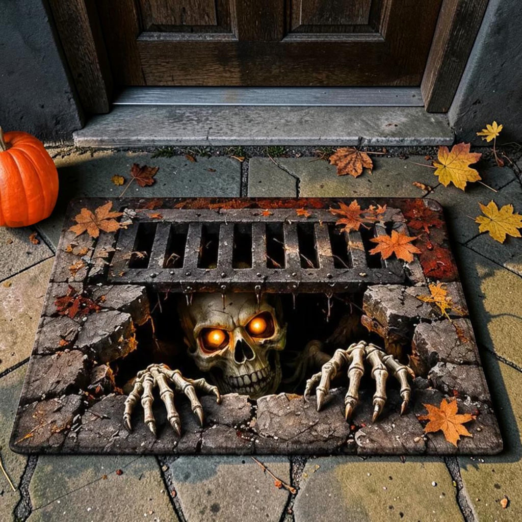 Creepy 3D Sewer Skull Reaching Out Halloween Illusion Doormat