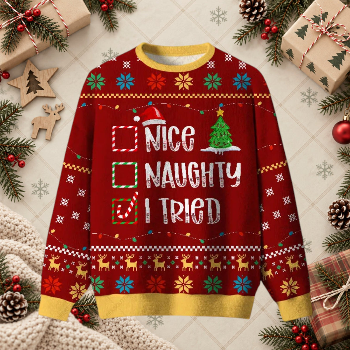 Nice Naughty I Tried Checklist Funny Christmas Sweater