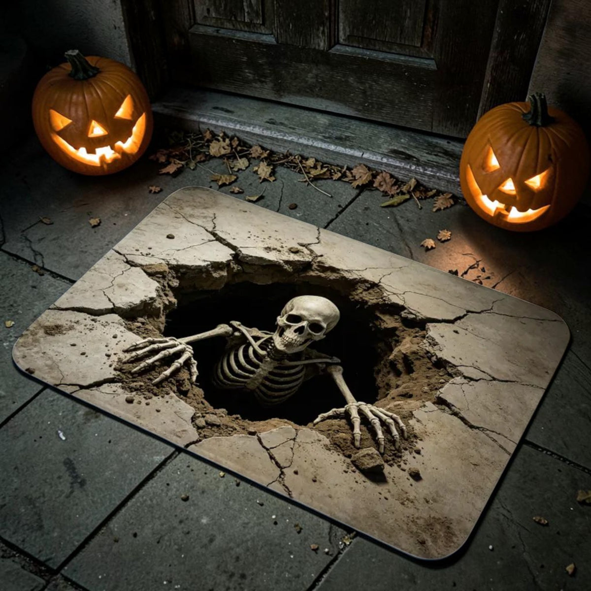 Creepy 3D Skeleton Breaking Through Cracked Concrete Hole Doormat