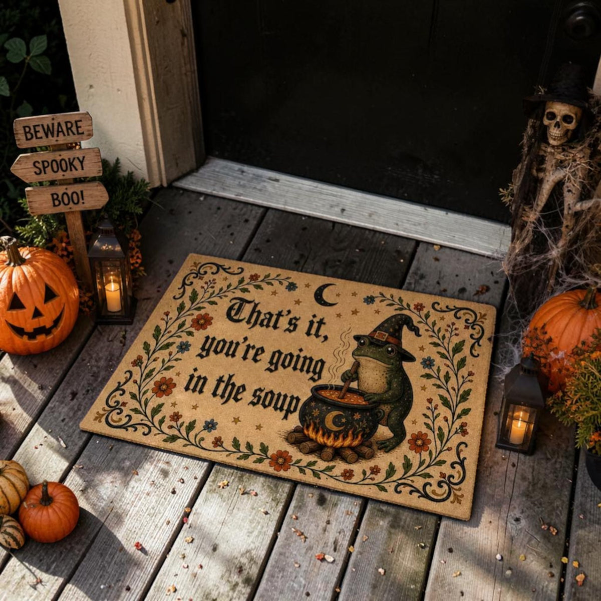 Funny Witch Frog Making Soup Fall Halloween Welcome Doormat