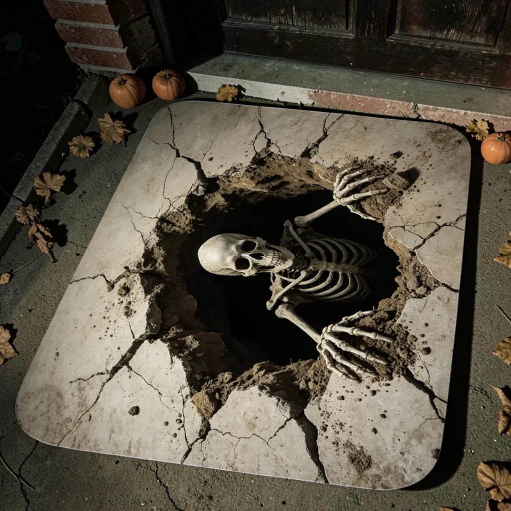 Creepy 3D Skeleton Breaking Through Cracked Concrete Hole Doormat