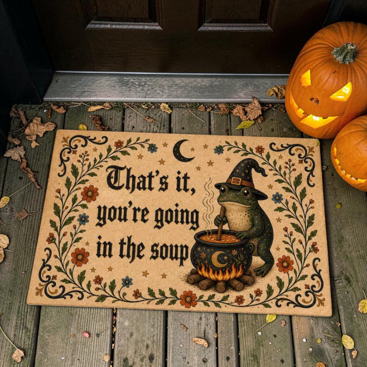 Funny Witch Frog Making Soup Fall Halloween Welcome Doormat