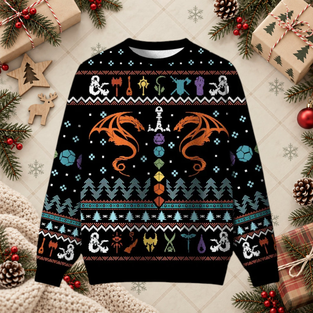 Tabletop RPG Dragon And D20 Dice Ugly Christmas Sweater