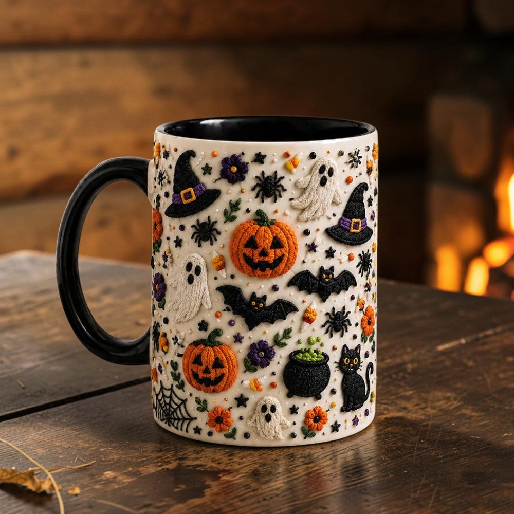 Faux Embroidery Halloween Mug Cute 3D Look Spooky Coffee Cup