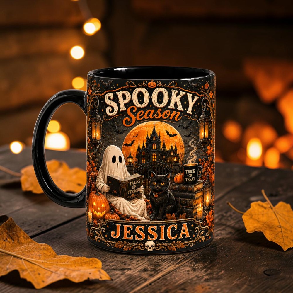 Personalized Spooky Season Mug Vintage Ghost & Black Cat Cup
