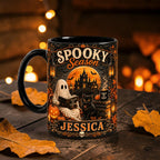 Personalized Spooky Season Mug Vintage Ghost & Black Cat Cup